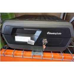 MEDIUM SIZED GREY AND BLACK SENTRY SAFE W/ 2 KEYS