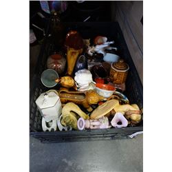 BLACK CRATE OF POTTERY, VASES, AND FIGURES