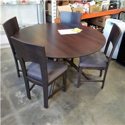 NEW AMELIA SOLID CHERRYWOOD DINING SET, 54" PEDESTLE TABLE AND 4 KERRISDALE UPHOLSTERED SIDE CHAIRS 