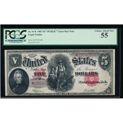 1907 $5 Legal Tender PCBLIC Error Star Note PCGS 55