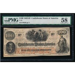 1862-63 $100 Confederate States of America Note PMG 58