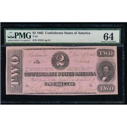 1862 $2 Confederate States of America Note PMG 64