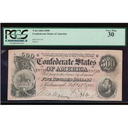 1864 $500 Confederate States of America Note PCGS 30