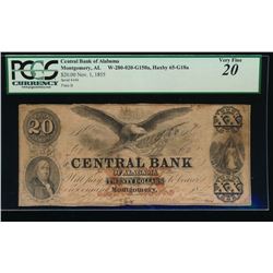 1853 $20 Central Bank of Alabama Obsolete Note PCGS 20