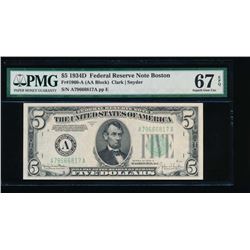 1934D $5 Boston Federal Reserve Note PMG 67EPQ