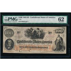 1862-63 $100 Confederate States of America Note PMG 62