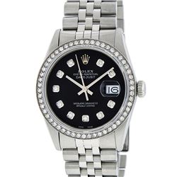 Rolex Mens Stainless Steel Black Diamond 36MM Datejust Wristwatch