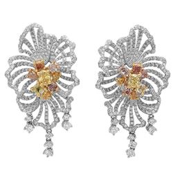 18k Three Tone Gold 6.01CTW Multicolor Dia, Pink Diamond and Diamond Earrings, (