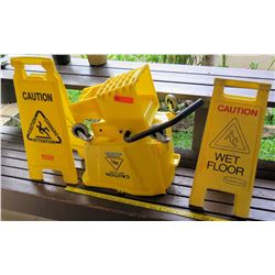 Plastic Mop Bucket & 2 Wet Floor Sandwich Signs