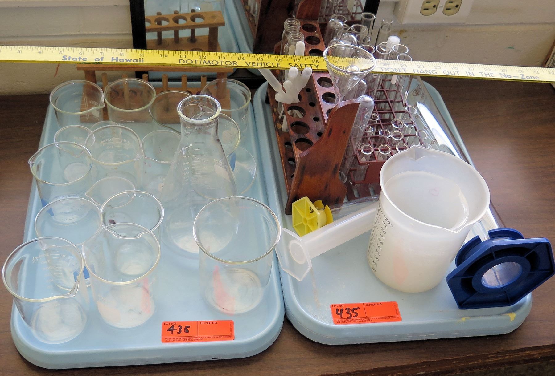 Qty 2 Trays of Beakers, Test Tubes, etc