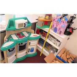 Kid's Play Kitchen, Shelf w/ Toys, Castles, etc