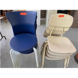 7 Blue Stackable Chairs & 4 White Stackable Chairs