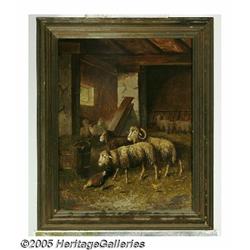 EUROPEAN SCHOOL (19th Century) Sheep in Barn Oil 