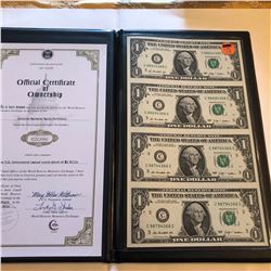 Uncut Sheet of 4 2009 1 Dollar Bills with Certificate in Leather Binder