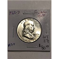1962 D Franklin Silver Half Dollar BU MS  High Grade