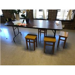 5 FOLDING WOOD AND METAL TABLES, & ASSORTED STOOLS