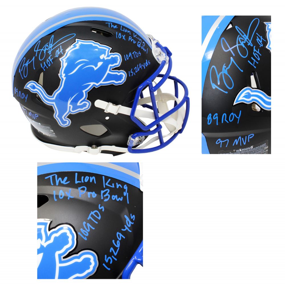 Barry Sanders Signed Detroit Lions Matte Black Full Size Authentic On Field Speed Helmet With 7 In