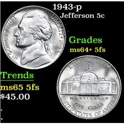 1943-p . . Jefferson Nickel 5c Grades Choice Unc+ 5fs