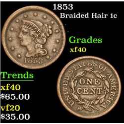 1853 . . Braided Hair Large Cent 1c Grades xf