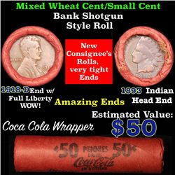 Mixed small cents 1c orig shotgun roll, 1918-d one end, 1893 Indian cent other end