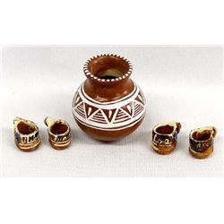 Mexican Miniature Redware Olla and 4 Cups