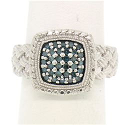 Sterling Silver .63 ctw Fancy Deep Greenish Blue Round Diamond Cluster Ring