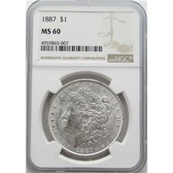 1887-P Morgan Silver Dollar $ NGC MS 60 Blast Whit