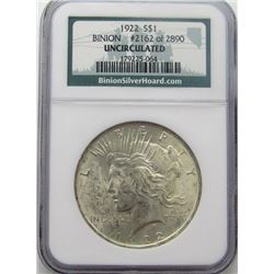 1922-P Peace Silver Dollar Binion #2162 of 2890 NG