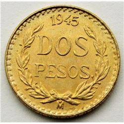 1945 GOLD MEXICAN 2 PESO UNC