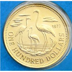 1977 BAHAMAS $100 GOLD COIN FLAMINGOS