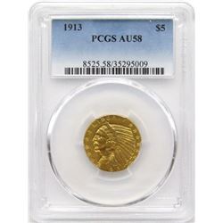 1913 $5 GOLD INDIAN HEAD PCGS AU58