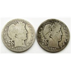 2-BARBER HALF DOLLARS: 1893-O & 1893 AG/G