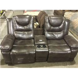 Brown Leather Reclining Love Seat w/ Cup Holders