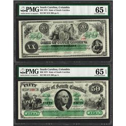 Matching Low Serial 1872 $20 & $50 South Carolina Obsolete Notes PMG Gem Unc. 65