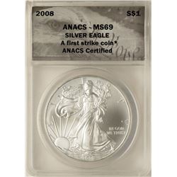 2008 $1 American Silver Eagle Coin ANACS MS69 First Strike