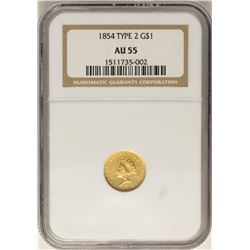 1854 $1 Type 2 Indian Princess Head Gold Dollar Coin NGC AU55