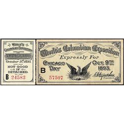 October 9th, 1893 World's Columbian Exposition Ticket with Detached Stub