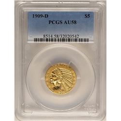 1909-D $5 Indian Head Half Eagle Gold Coin PCGS AU58