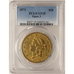 1873 Open 3 $20 Liberty Head Double Eagle Gold Coin PCGS VF35