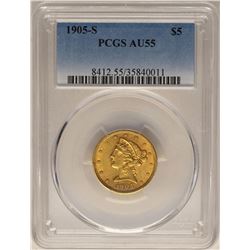 1905-S $5 Liberty Head Half Eagle Gold Coin PCGS AU55
