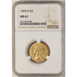 1909-D $5 Indian Head Half Eagle Gold Coin NGC MS61