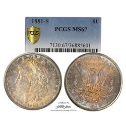 1881-S $1 Morgan Silver Dollar Coin PCGS MS67 Nice Toning