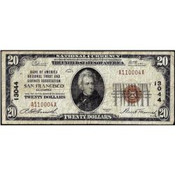 1929 $20 Bank of America San Francisco, CA CH# 13044 National Currency Note
