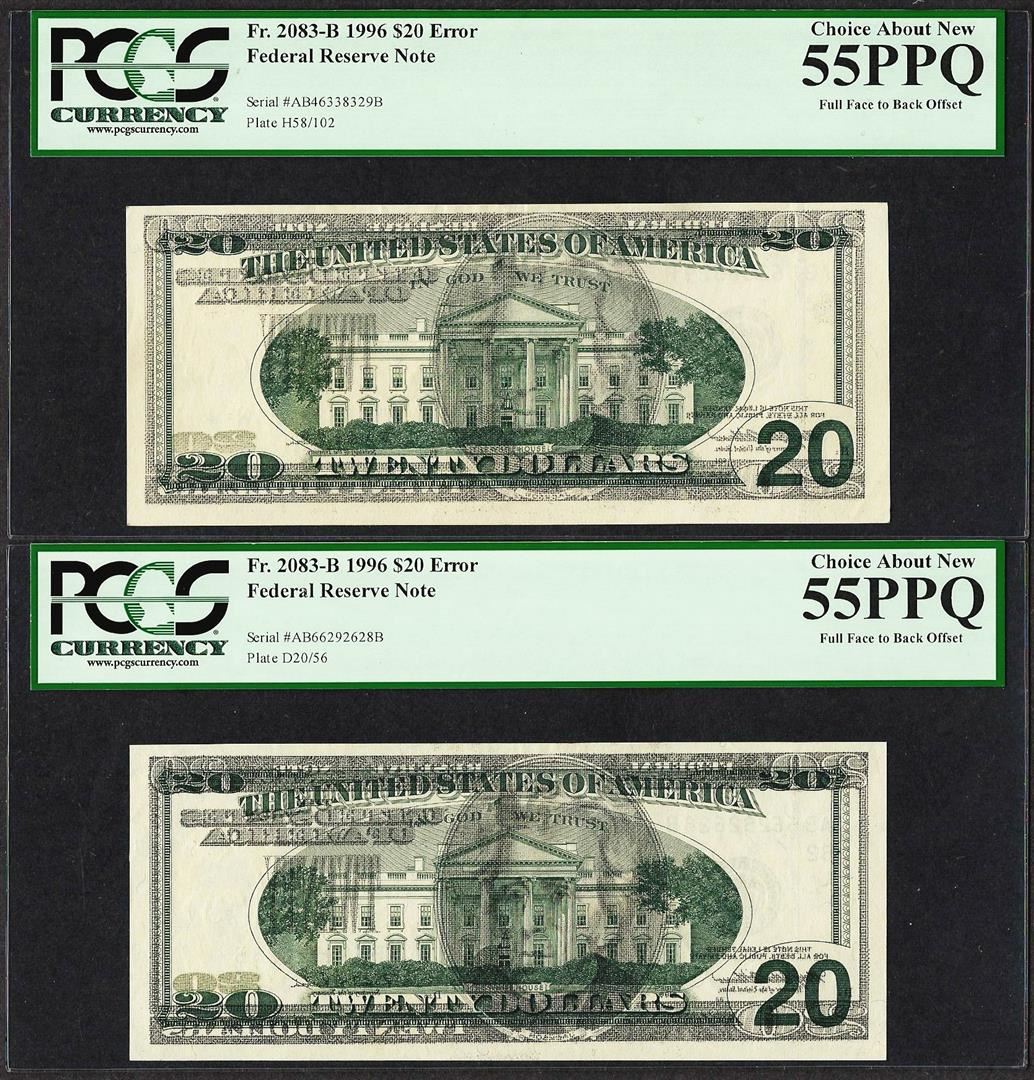 Off Set Error Banknote (2) Consec. 1996 $20 Federal Reserve Offset ERROR Notes PCGS Choice ...