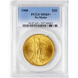 1908 No Motto $20 St. Gaudens Double Eagle Gold Coin PCGS MS65+