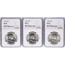 Lot of (3) 1960 Franklin Half Dollar Coins NGC MS64