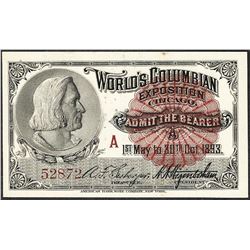 1893 World's Columbian Exposition Ticket Columbus