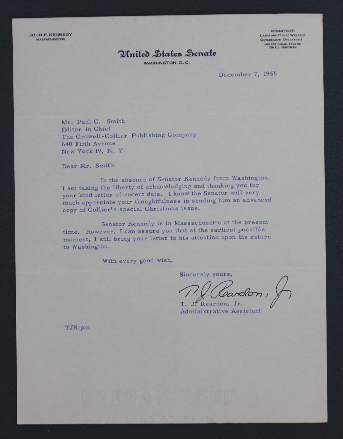Admin Ass T Signed Letter On John F Kennedy Senate Letterhead One Page 10 1 2 X 8 Dec 7 1955