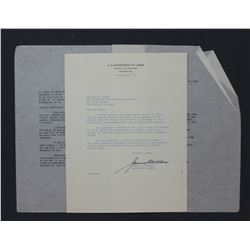 James P. Mitchell Letter Signed as U.S. Secretary of Labor. One page; 10 1/2" x 7 7/8" Nov. 19, 1954