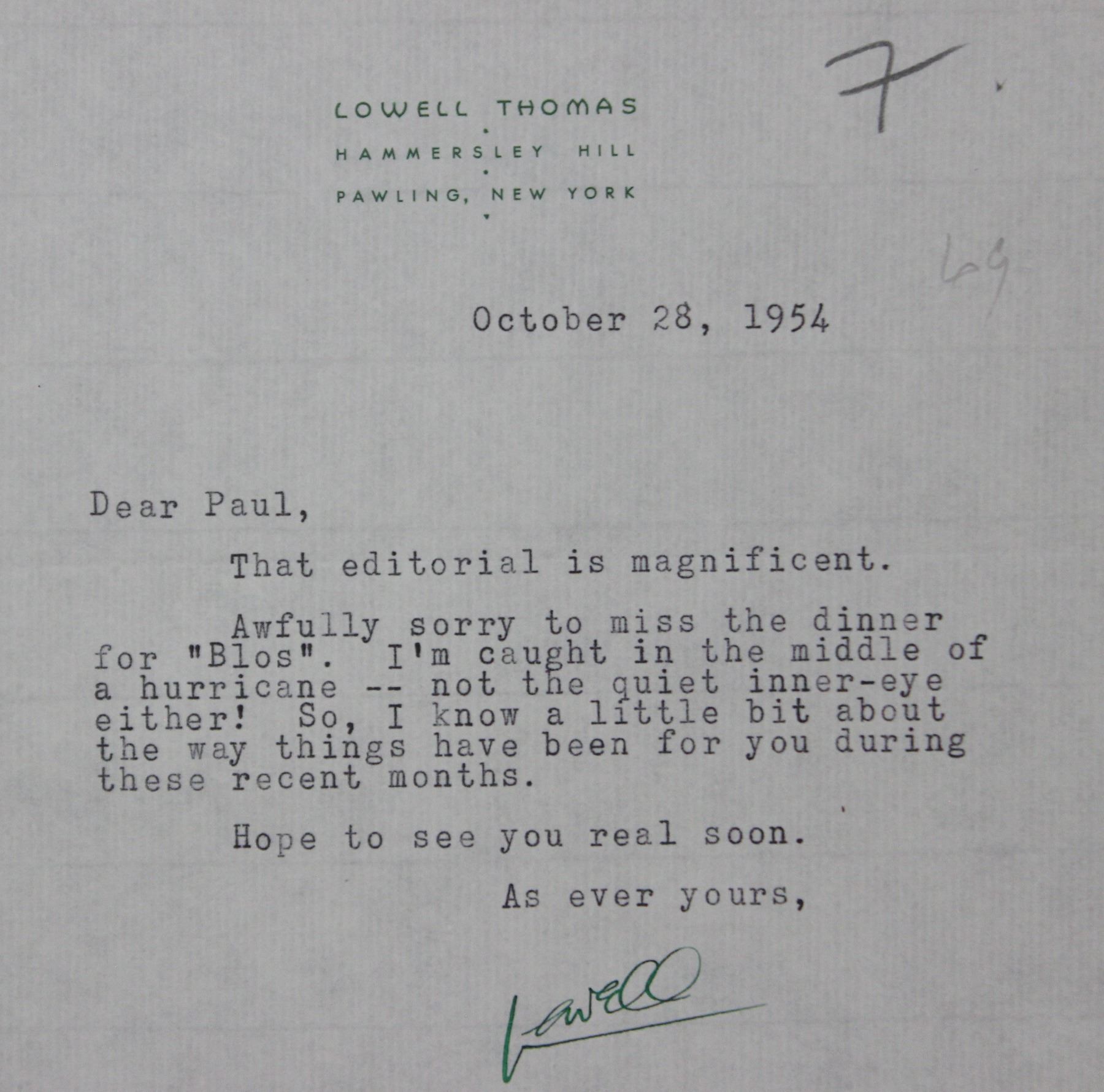 Lowell Thomas and Two Lowell Thomas Jr. Typed Letters Signed; d. 1954-55-56